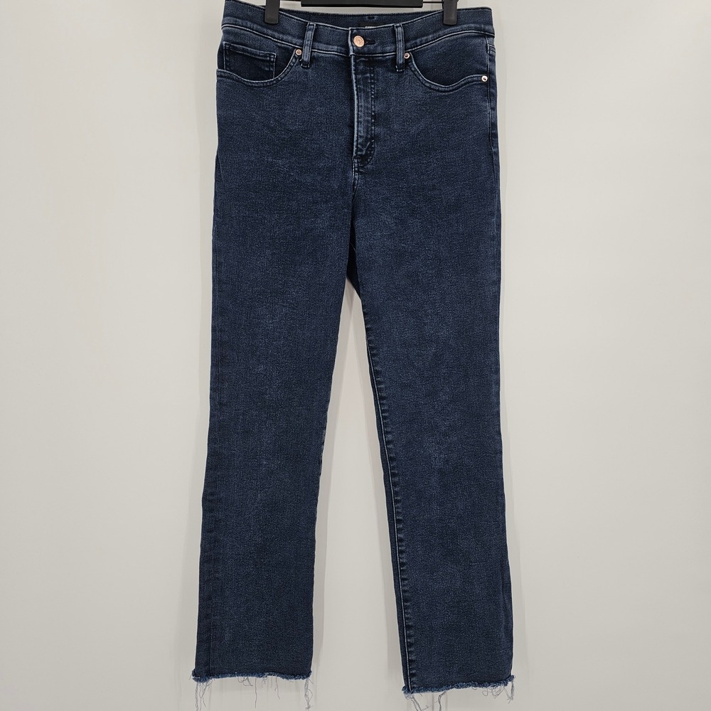 Express Conscious Edit 90s Slim High Rise Dark Wash Raw Hem Jeans Size 10R‎